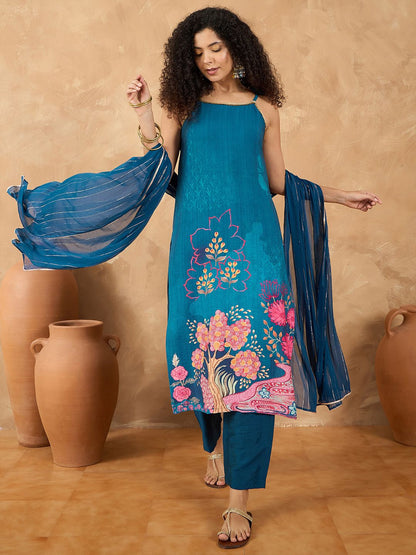 Dhiyona VA Women's Spaghetti Tie up Strap Straight Floral Kurta with Trousers and Dupatta