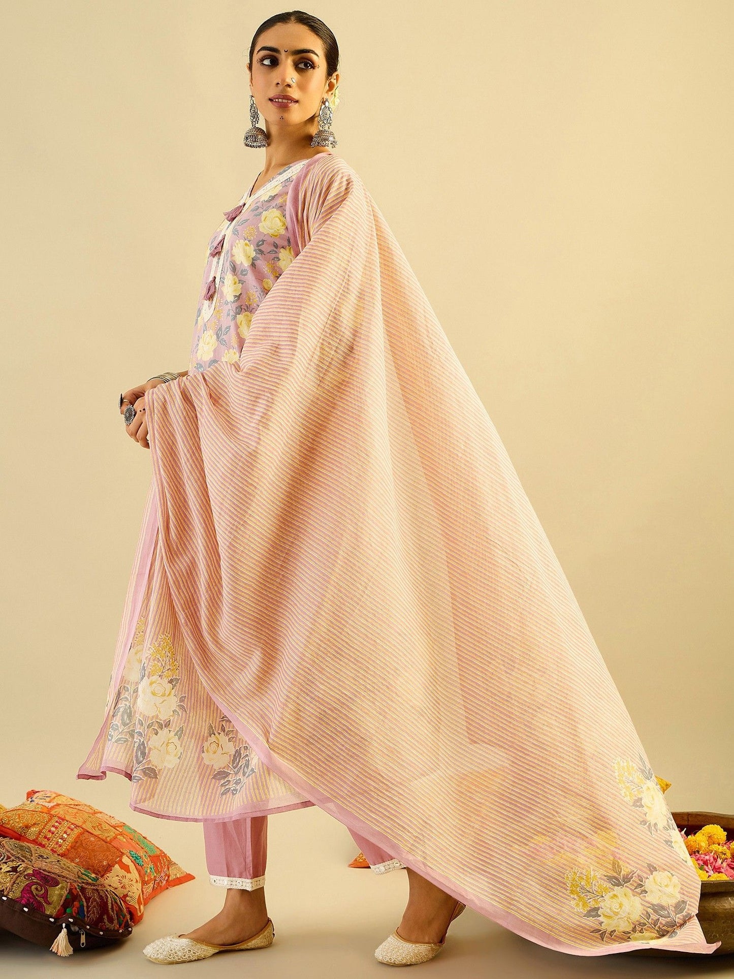 Floral Printed Embellished Pure Cotton Straight Kurta with Trouser And Dupatta