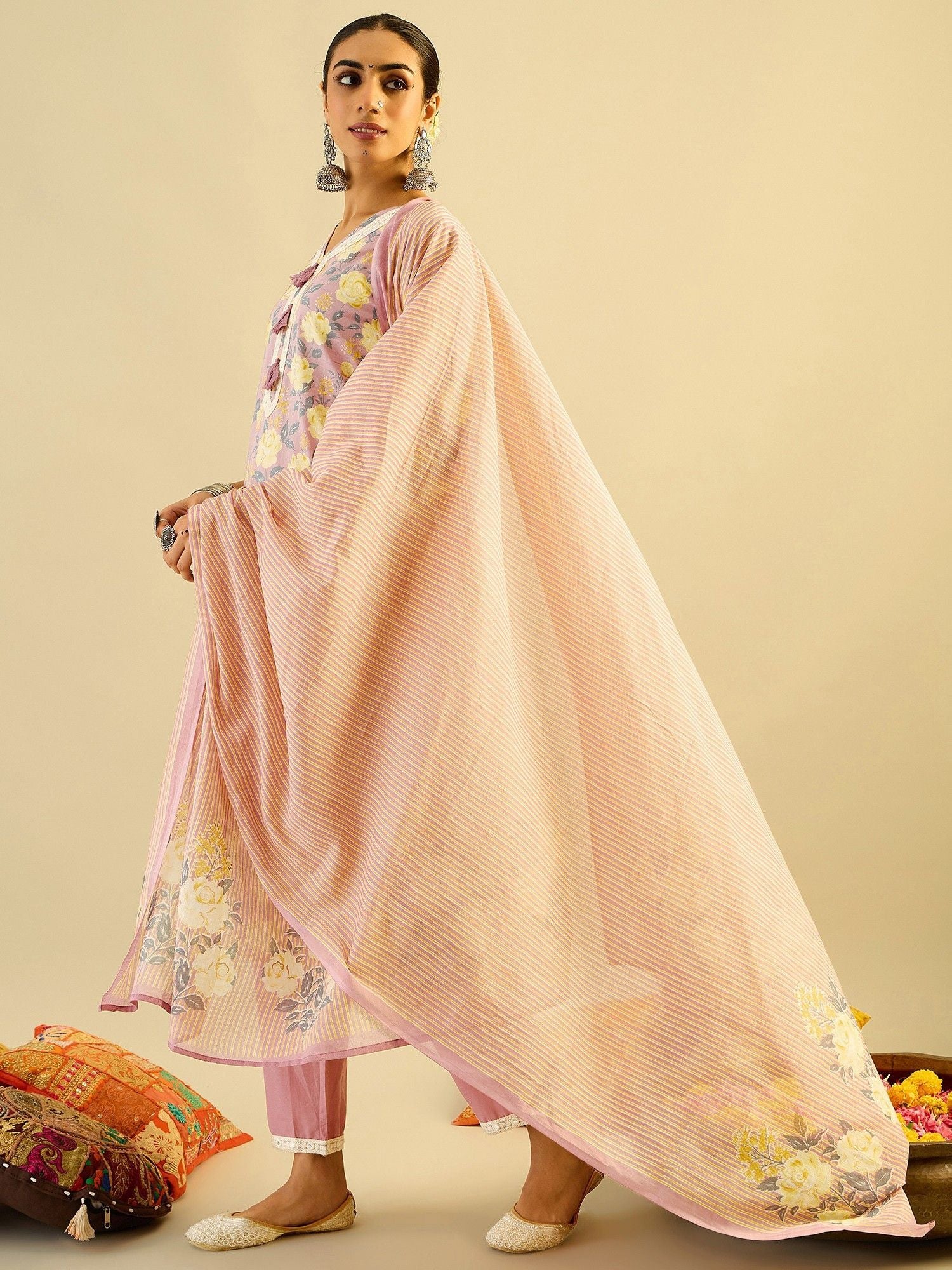 Floral Printed Embellished Pure Cotton Straight Kurta with Trouser And Dupatta