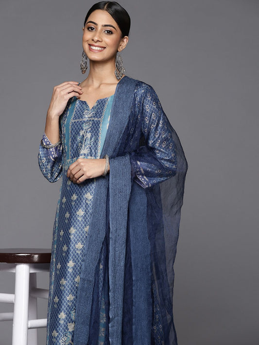 Dhiyona VA Women's Blue Floral Printed Sequinned Kurta with Trousers & With Dupatta