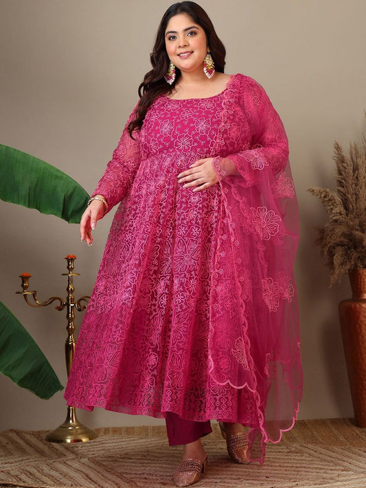 Dhiyona IN Women Plus Size Floral Embroidered A-Line Kurta with Trousers & Dupatta