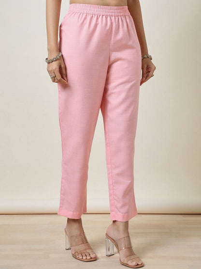 Dhiyona SO Women's Pink Ethnic Motifs Printed Thread Work Chanderi Silk Kurta With Trousers & Dupatta