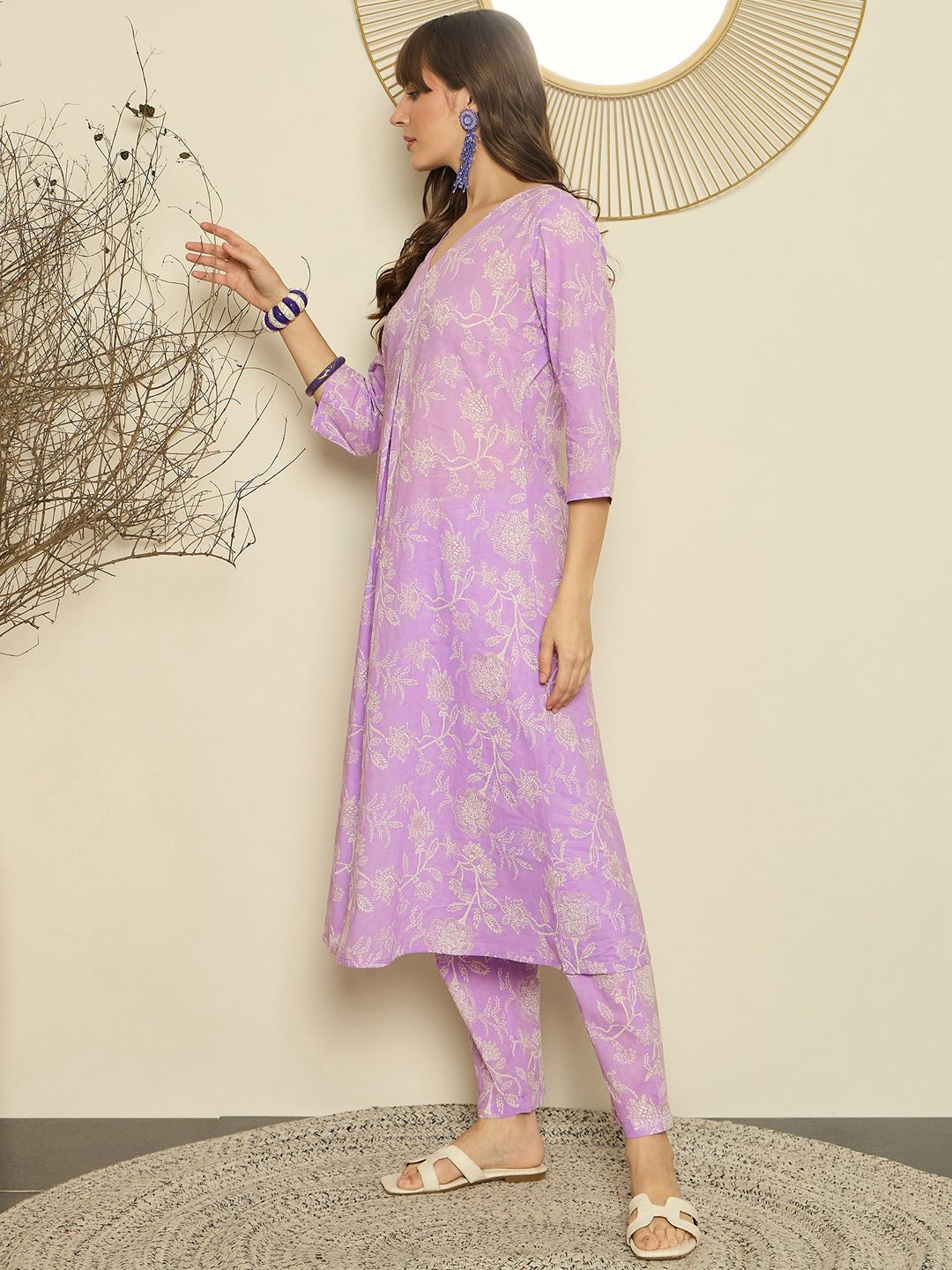 Floral Printed V-Neck A-Line Pure Cotton Kurta with Trousers
