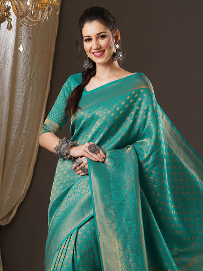 Women's Georgette Teal blue Woven Design Woven saree With Blouse Piece