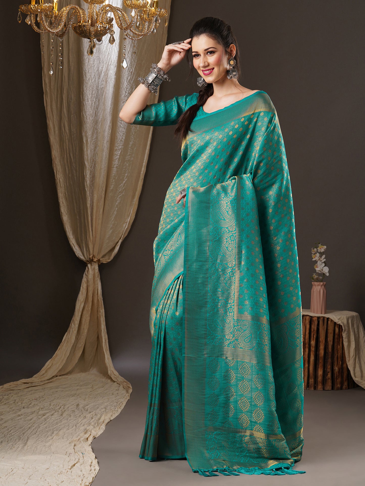 Women's Georgette Teal blue Woven Design Woven saree With Blouse Piece
