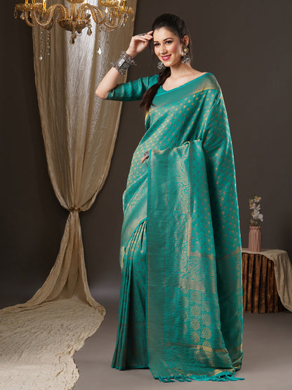 Women's Georgette Teal blue Woven Design Woven saree With Blouse Piece