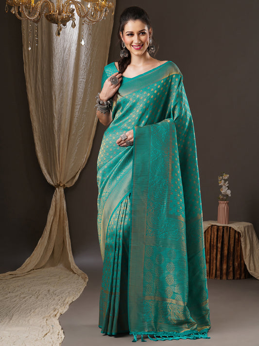 Women's Georgette Teal blue Woven Design Woven saree With Blouse Piece