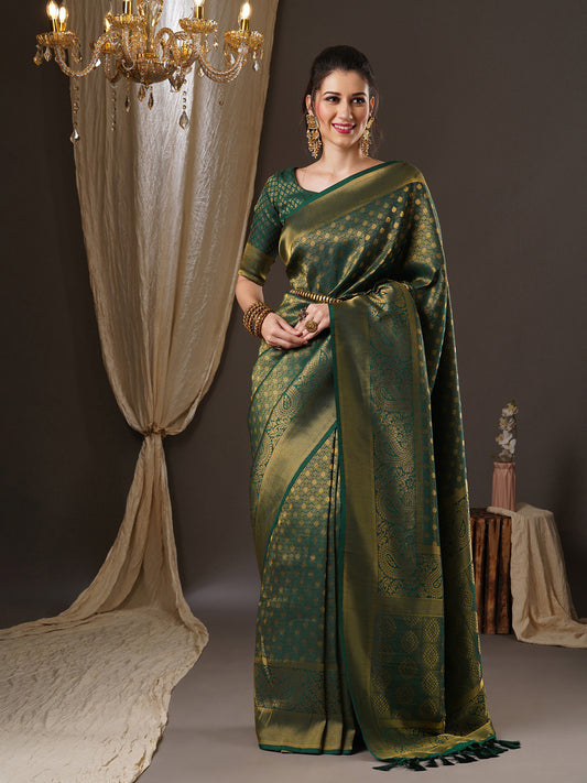 Women's Georgette Green Woven Design Woven saree With Blouse Piece