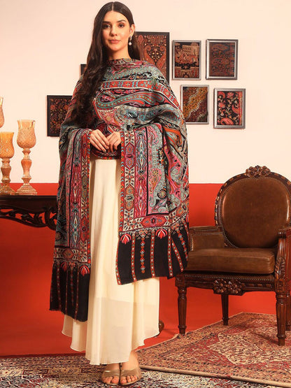 Dhiyona PA Rangrez Pure Wool Kalamkari Paisley Embroidered Shawl