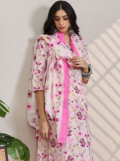 Women Floral Printed Thread Work Pure Cotton Kurta with Trousers & Dupatta