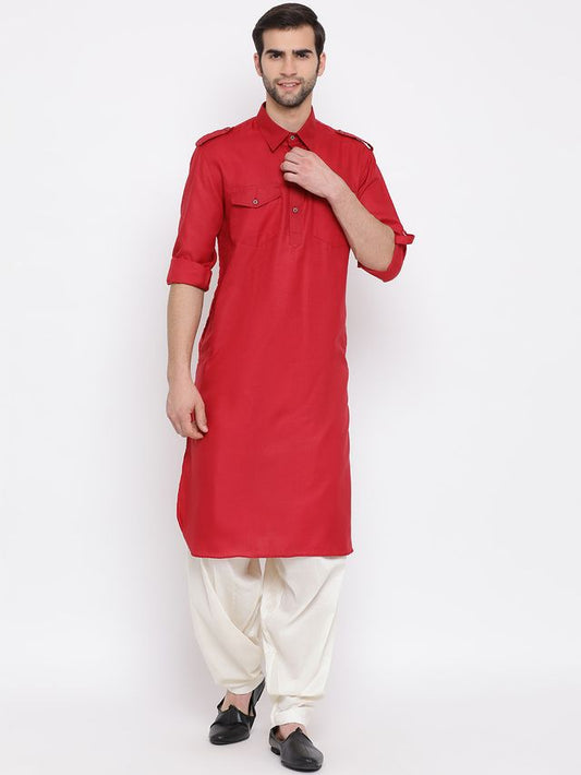 Men's Maroon Cotton Blend Pathani Pathani Kurta Set