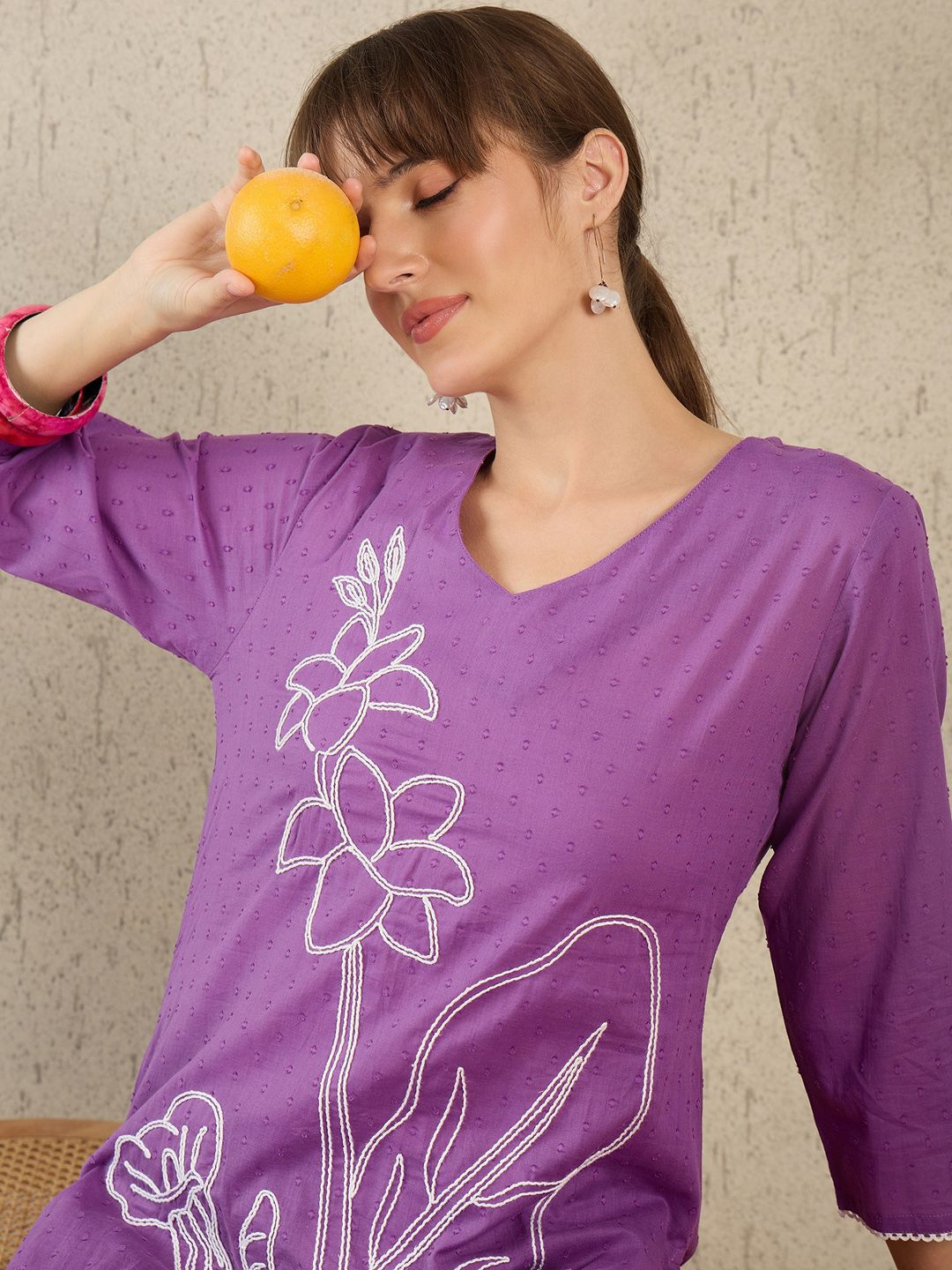 Floral Embroidered V-Neck Straight Thread Work Pure Cotton Kurta With Trouser