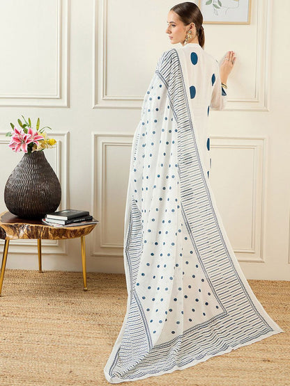 Dhiyona IE Geometric Printed Band Collar Pure Cotton A-Line Kurta with Trousers & Dupatta