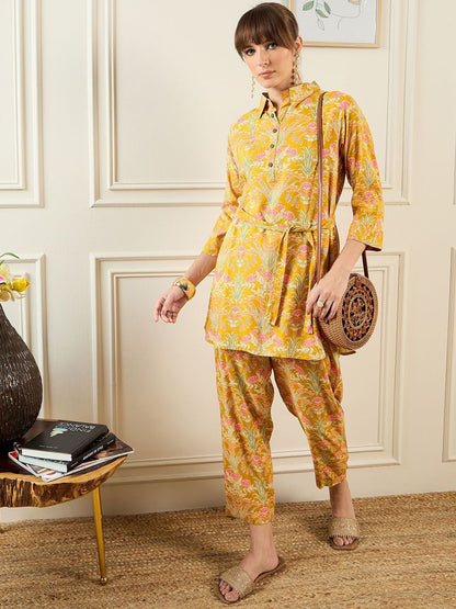 Dhiyona IE Floral Printed Shirt Collar Tunic & Trousers