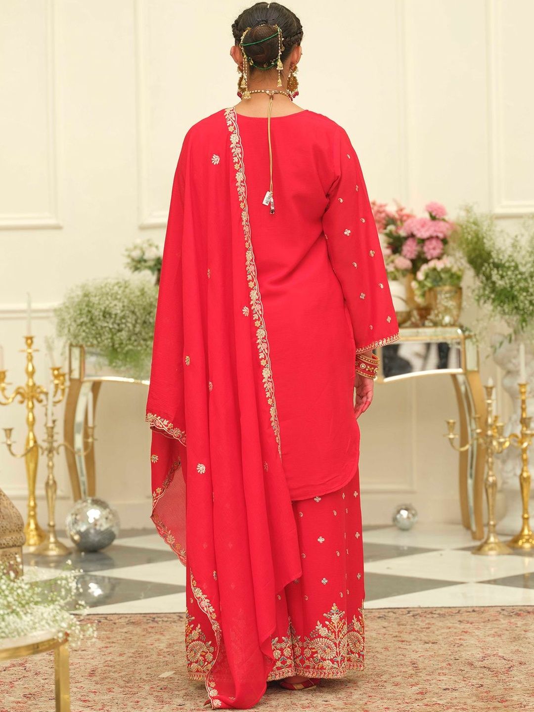 Paisley Embroidered Sweetheart Neck Straight Zari Kurta With Palazzos & Dupatta
