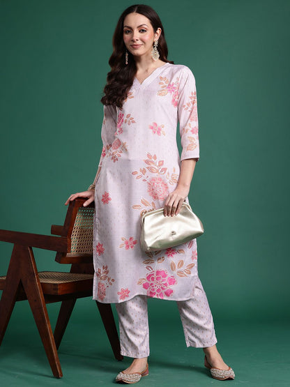Dhiyona IE Floral Printed V-Neck Tunic With Trouser