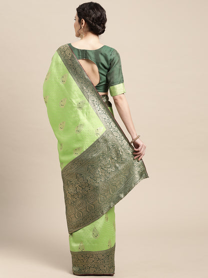 Women's Silk Blend Light Green Woven Design Woven saree With Blouse Piece