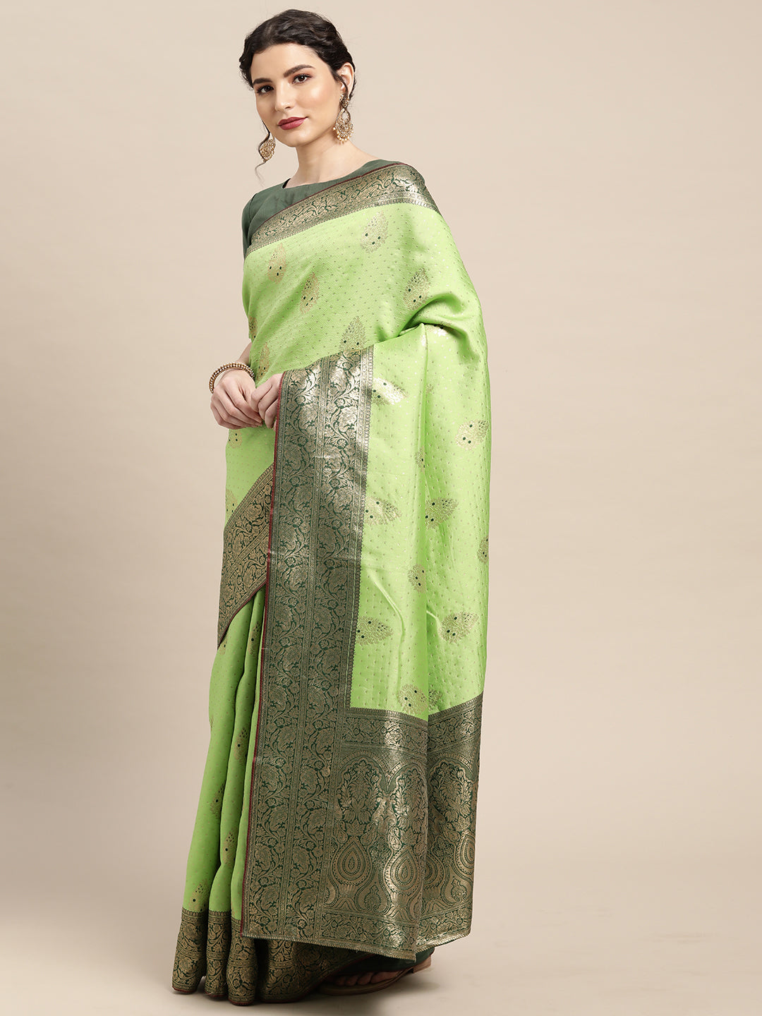 Women's Silk Blend Light Green Woven Design Woven saree With Blouse Piece