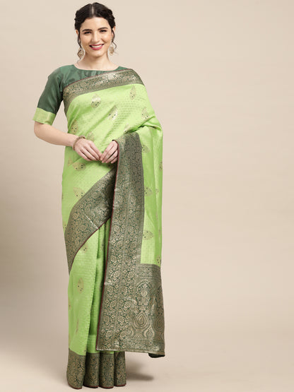 Women's Silk Blend Light Green Woven Design Woven saree With Blouse Piece