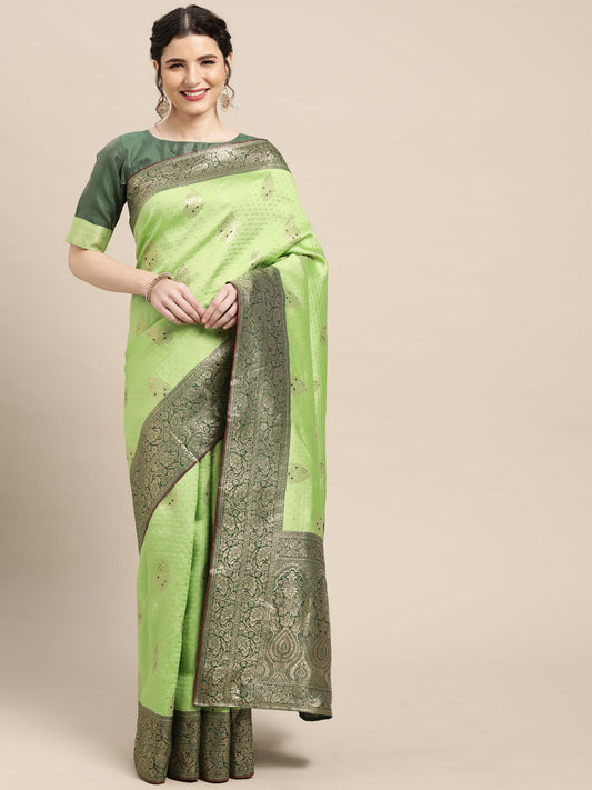 Women's Silk Blend Light Green Woven Design Woven saree With Blouse Piece