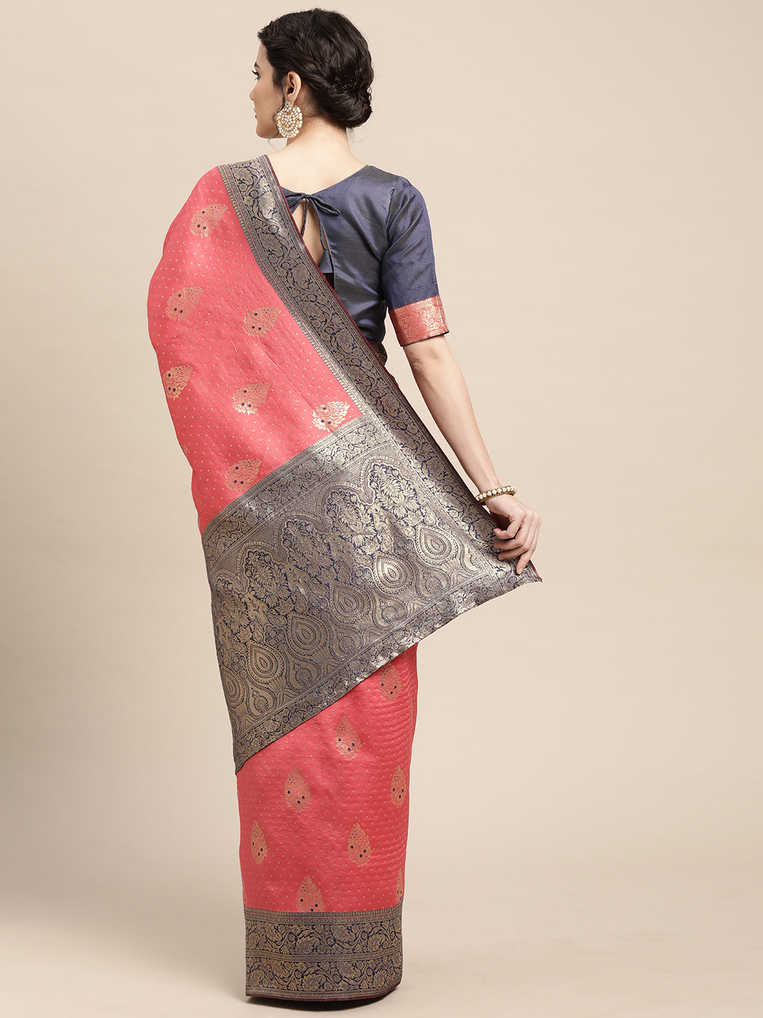 Women's Silk Blend Pink Woven Design Woven saree With Blouse Piece