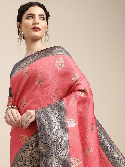 Women's Silk Blend Pink Woven Design Woven saree With Blouse Piece