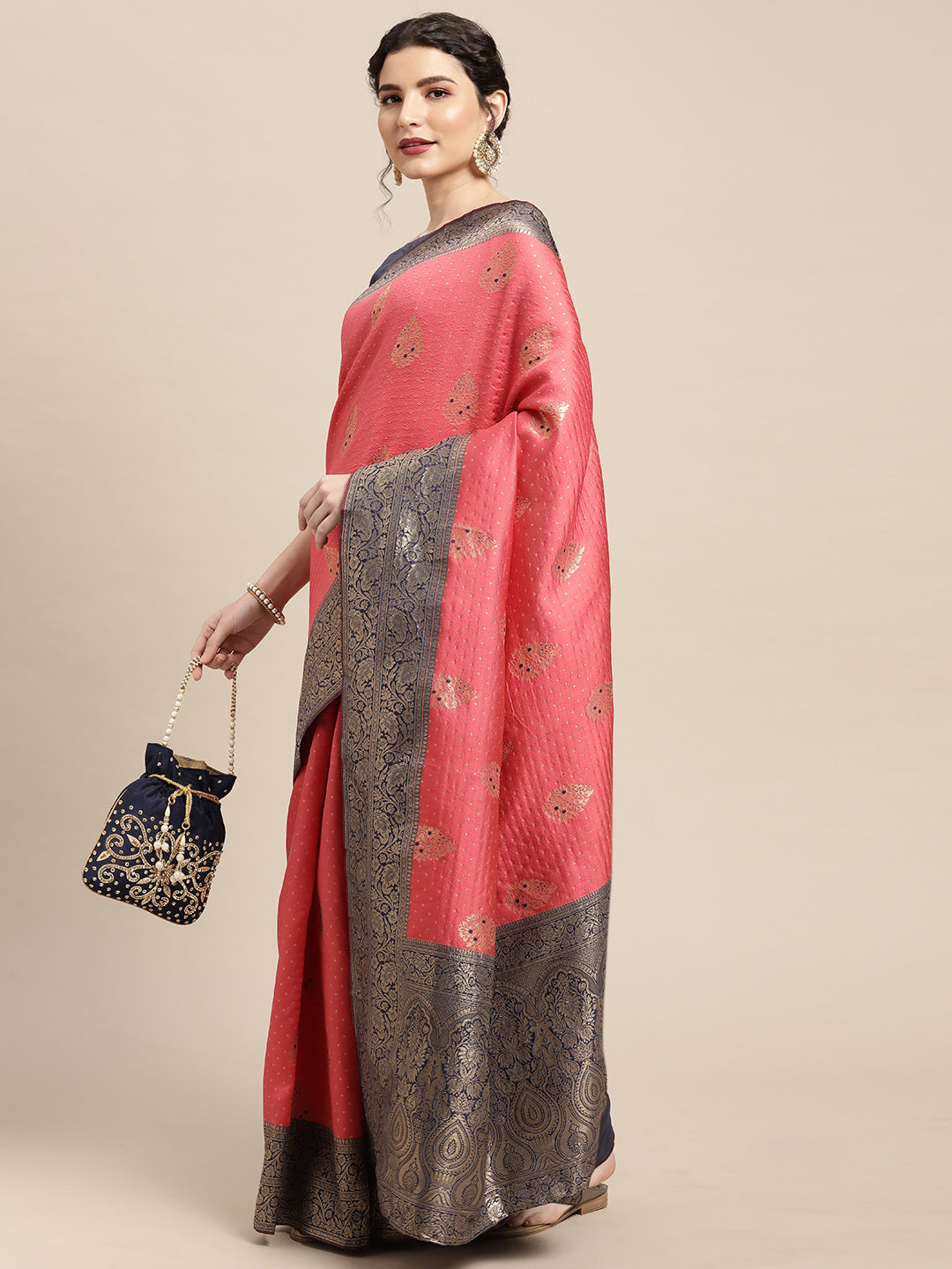 Women's Silk Blend Pink Woven Design Woven saree With Blouse Piece