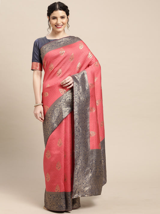 Women's Silk Blend Pink Woven Design Woven saree With Blouse Piece