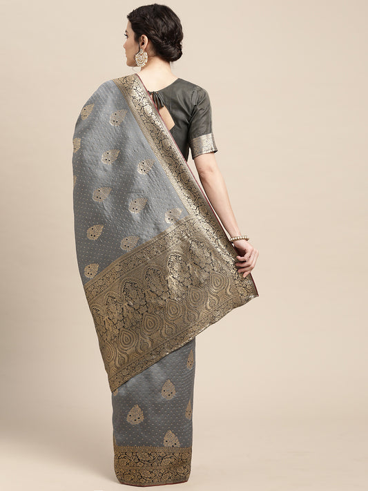 Women's Silk Blend Grey Woven Design Woven saree With Blouse Piece