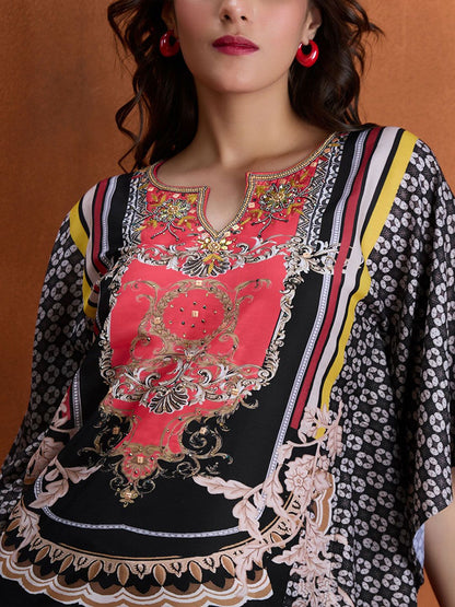 Dhiyona WP Ethnic Motifs Printed Notch Neck Beads and Stones Kaftan Kurta Wiith Trousers