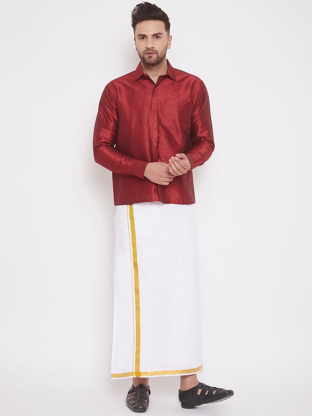 Men's Maroon Silk Blend Straight Ethnic Shirt