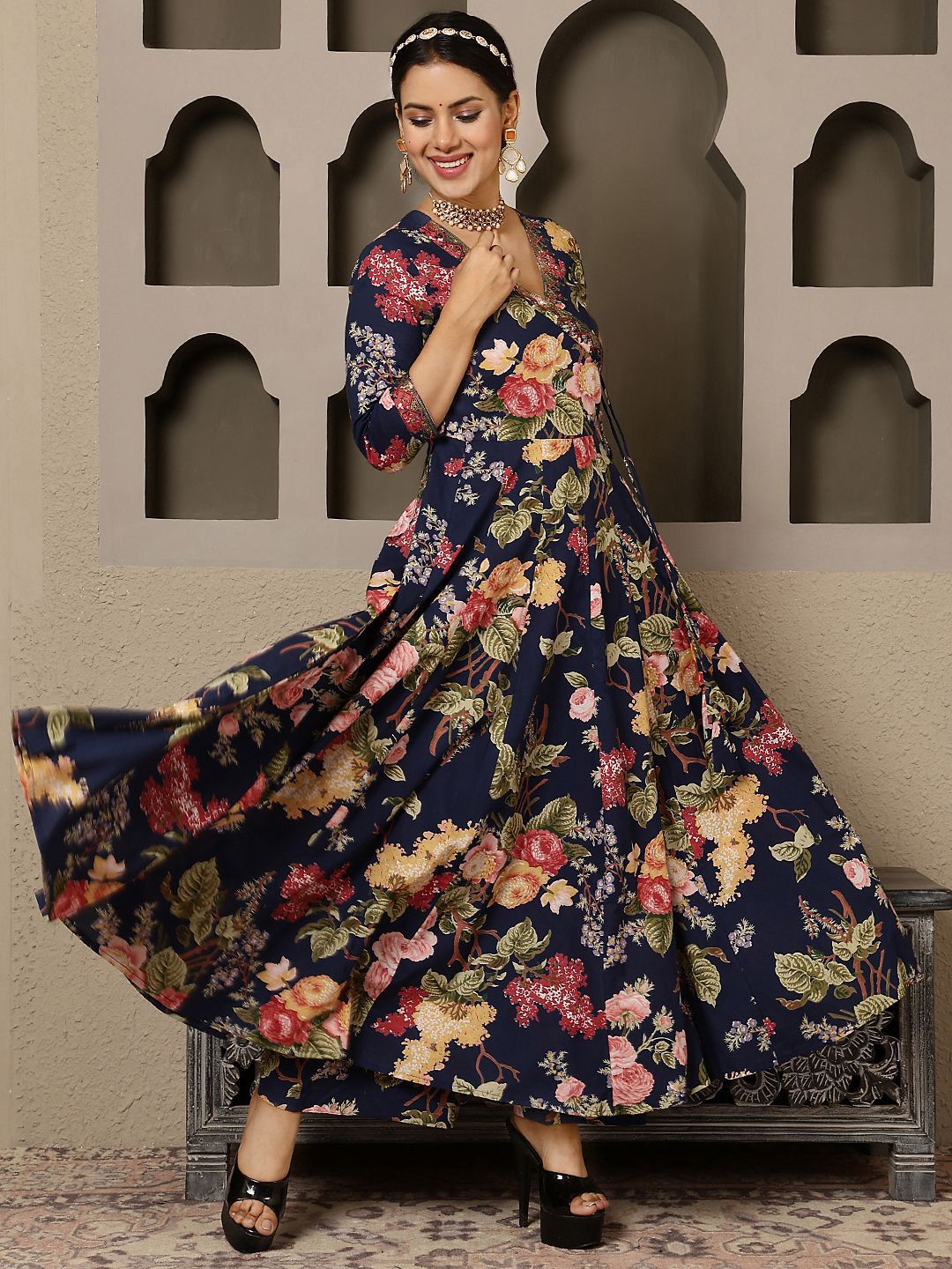 Dhiyona SN Women's Floral Printed Pure Cotton Anarkali Kurta with Palazzo & Dupatta