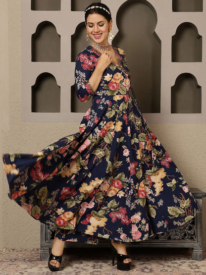Dhiyona SN Women's Floral Printed Pure Cotton Anarkali Kurta with Palazzo & Dupatta