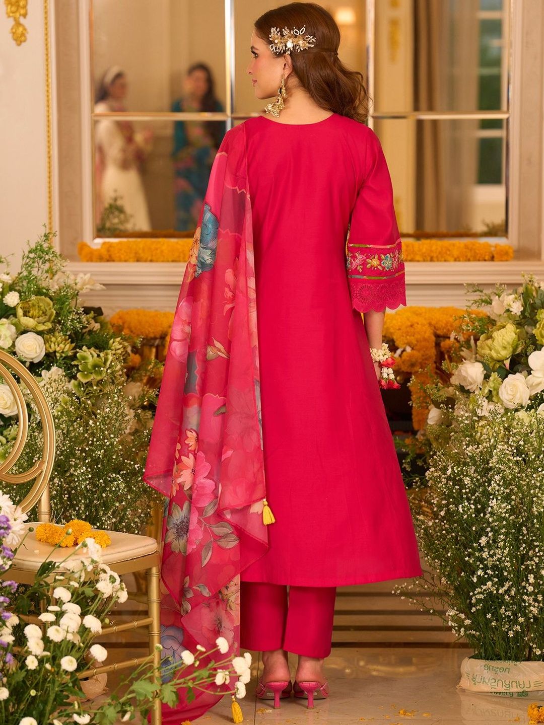 Floral Embroidered Thread Work A-Line Kurta With Trousers & Dupatta