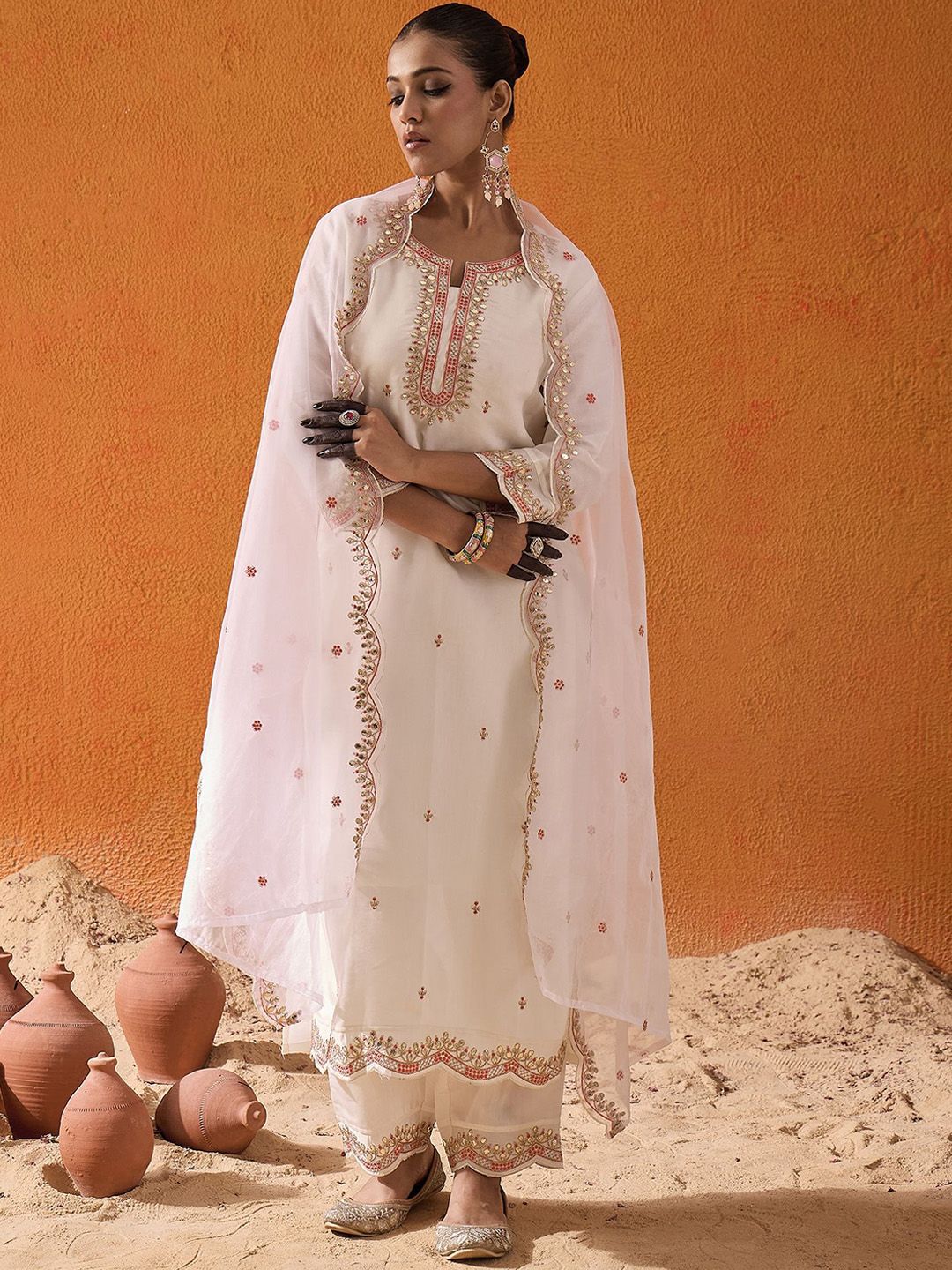 White and Pink Ethnic Motifs Embroidered Gotta Patti Kurta with Trouser & Dupatta