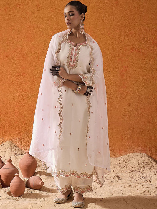 White and Pink Ethnic Motifs Embroidered Gotta Patti Kurta with Trouser & Dupatta