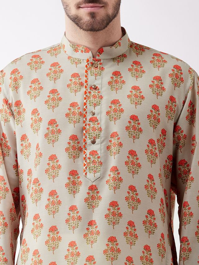 Men's MulticolorBaseBeige Muslin Pathani Kurta and Patiala Set