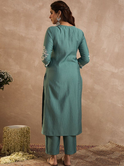 Floral Embroidered Straight Thread Work Kurta With Trouser