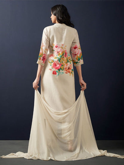 Women Floral Printed Regular Linen Kurta with Trousers & With Dupatta