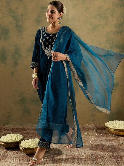 Dhiyona IE Floral Zari Embroidered Velvet Straight Kurta with Trouser & Dupatta