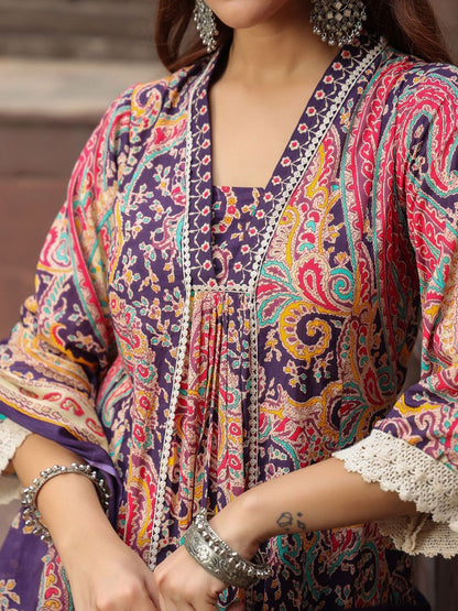 Dhiyona RR Women's Paisley Printed Thread Work Pure Cotton Kurta with Trousers & Dupatta