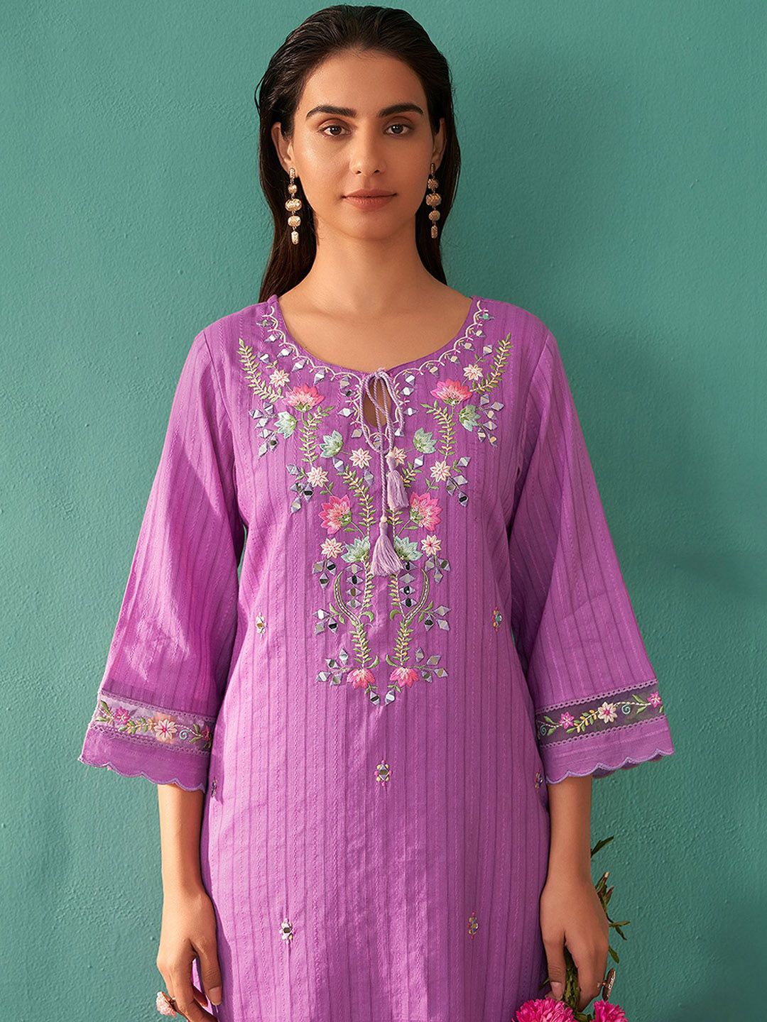 Women Floral Embroidered Regular Mirror Work Pure Cotton Kurta with Trousers & With Dupatta