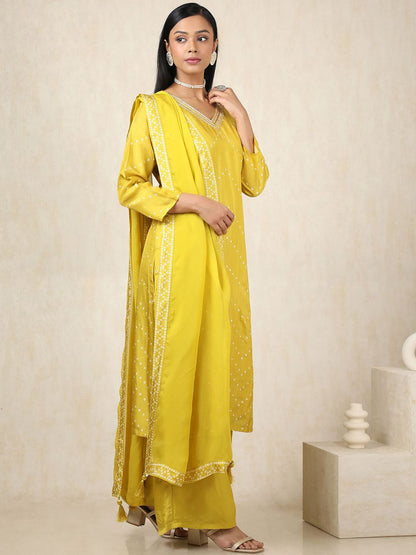 Dhiyona SO Women's Ethnic Motifs Printed Beads And Stones V-Neck Straight Kurta With Palazzos & Dupatta