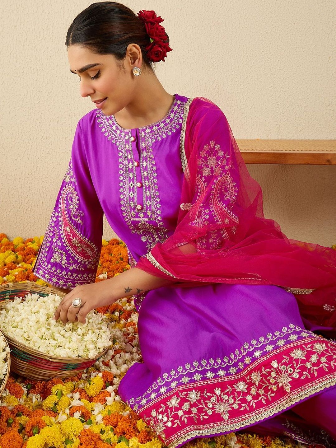 Floral Yoke Design Round Neck Thread Work Straight Kurta & Dupatta with Trousers