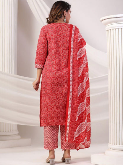 Women Bandhani Printed Regular Thread Work Pure Cotton Kurta with Trousers & With Dupatta