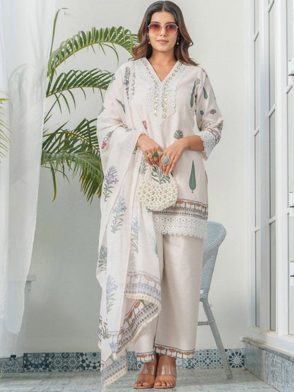 Dhiyona PD Women Floral Printed V-Neck Sequinned Straight Kurta With Trouser & Dupatta