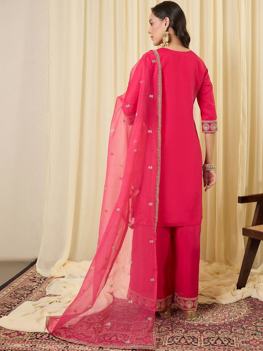 Women Ethnic Motifs Embroidered Regular Thread Work Kurta with Palazzos & With Dupatta