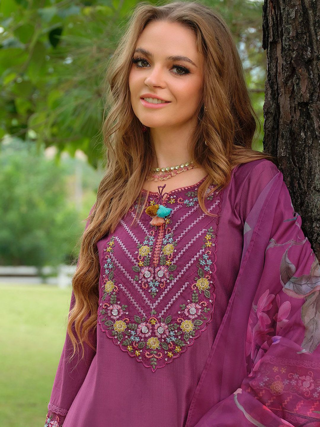 Floral Embroidered Thread Work Tieup Neck A-Line Kurta With Trousers & Dupatta