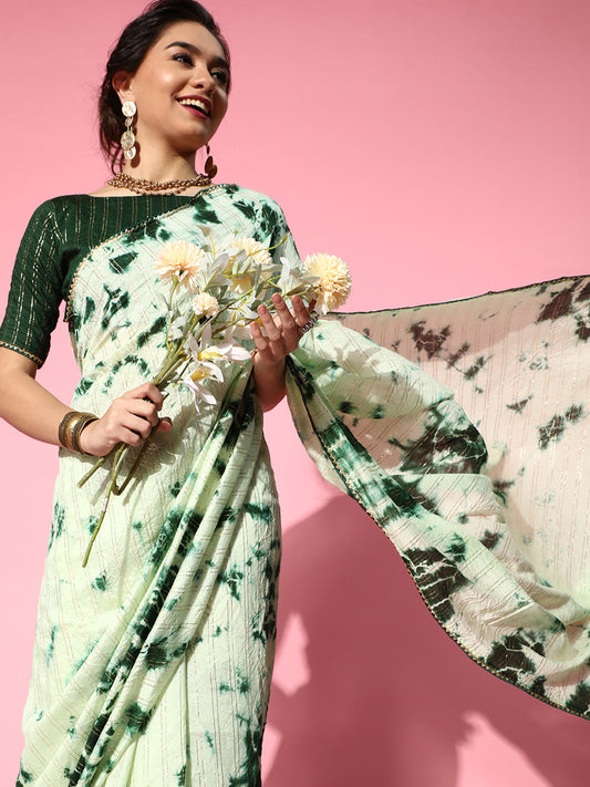 Women's Silk Blend Green Printed Designer Saree With Blouse Piece