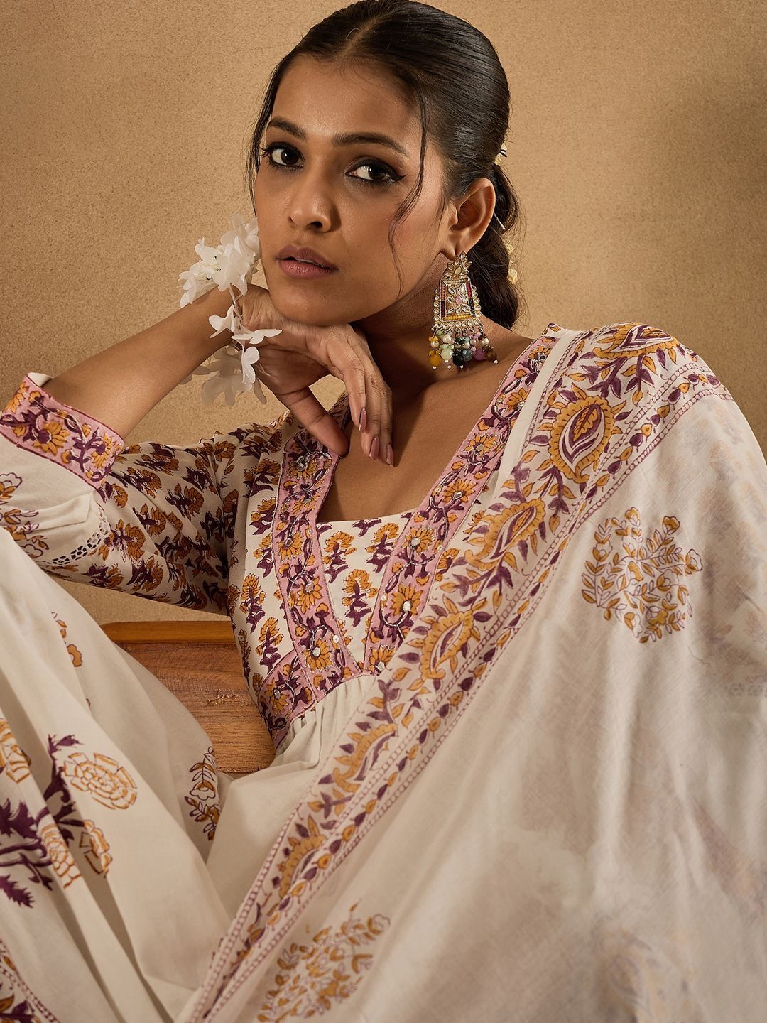 Women Floral Printed Empire Pure Cotton Kurta with Trousers & With Dupatta